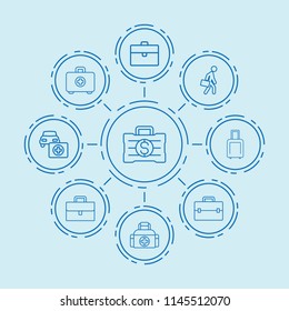 Set of 9 case outline icons such as case, car first aid kit, money case, first aid kit, man with briefcase, medical bag