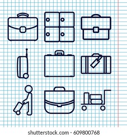 Set of 9 case outline icons such as man with luggage, luggage, luggage storage, case
