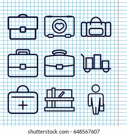 Set of 9 case outline icons such as parcel, case with heart, first aid kit, luggage