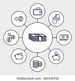 Set of 9 cash outline icons such as coin, money, wallet, money box, creadit card payment, coin, piggy bank, dollar sign