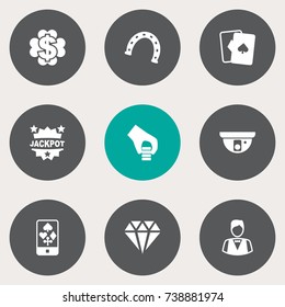Set Of 9 Casino Icons Set.Collection Of Security Camera, Win, Brilliant And Other Elements.