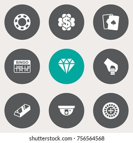 Set Of 9 Casino Icons Set.Collection Of Playing Cards, Bullion, Lotto And Other Elements.