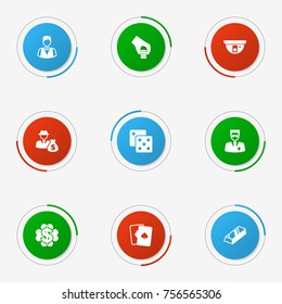 Set Of 9 Casino Icons Set.Collection Of Security Camera, Dealer, Bullion And Other Elements.