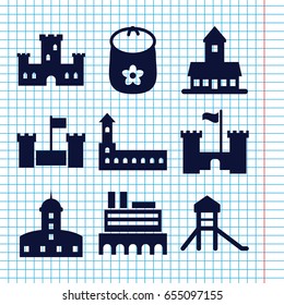 Set of 9 castle filled icons such as castle