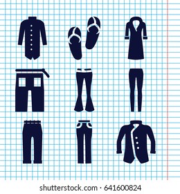 Set of 9 casual filled icons such as flip flops, pants, woman pants, jacket