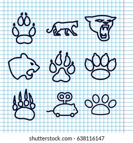 Set of 9 cat outline icons such as animal paw, panther, mouse toy