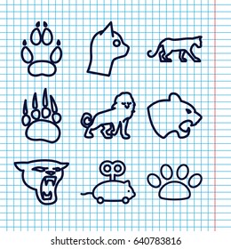 Set of 9 cat outline icons such as animal paw, panther, lion, mouse toy, paw