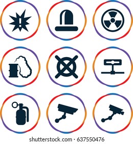 set of 9 caution filled icons such as security camera, no dry cleaning, siren, dynamite, smoking can, exclamation, radiation