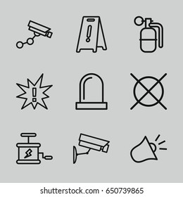  set of 9 caution outline icons such as security camera, wet floor, no dry cleaning, siren, security camera, dynamite