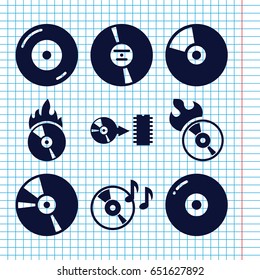 Set of 9 cd filled icons such as disc on fire, disc flame, cd, cd fire