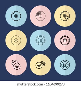 Set of 9 cd outline icons such as d letter, disc, disc on fire, disc flame