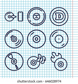 Set of 9 cd outline icons such as d letter, disc on fire, disc flame, cd