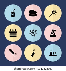 Set of 9 celebrate filled icons such as sparklers, party hat, soda, heart cake, fireworks, wine bottle and glass, cake