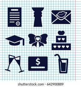 Set of 9 celebration filled icons such as love letter, bow, wine glass, bill of house, cocktail, trophy, graduation hat, dollar card