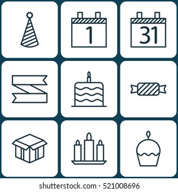 Set Of 9 Celebration Icons. Can Be Used For Web, Mobile, UI And Infographic Design. Includes Elements Such As Schedule, Calendar, Cupcake And More.