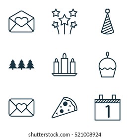 Set Of 9 Celebration Icons. Can Be Used For Web, Mobile, UI And Infographic Design. Includes Elements Such As Greeting, Hat, Love And More.