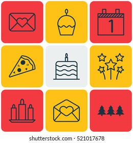 Set Of 9 Celebration Icons. Can Be Used For Web, Mobile, UI And Infographic Design. Includes Elements Such As Tree, Wax, Cupcake And More.