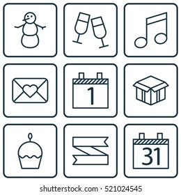 Set Of 9 Celebration Icons. Can Be Used For Web, Mobile, UI And Infographic Design. Includes Elements Such As Celebrating, Cupcake, Cake And More.