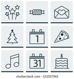 Set Of 9 Celebration Icons. Can Be Used For Web, Mobile, UI And Infographic Design. Includes Elements Such As Email, Calendar, Greeting And More.