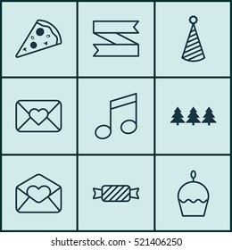 Set Of 9 Celebration Icons. Can Be Used For Web, Mobile, UI And Infographic Design. Includes Elements Such As Cupcake, Sweet, Close And More.