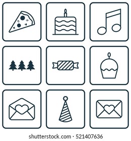 Set Of 9 Celebration Icons. Can Be Used For Web, Mobile, UI And Infographic Design. Includes Elements Such As Note, Celebrate, Slice And More.