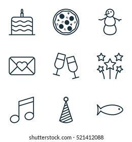 Set Of 9 Celebration Icons. Can Be Used For Web, Mobile, UI And Infographic Design. Includes Elements Such As Cake, Pizzeria, Musical And More.