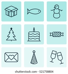 Set Of 9 Celebration Icons. Can Be Used For Web, Mobile, UI And Infographic Design. Includes Elements Such As Aquatic, Clink, Food And More.