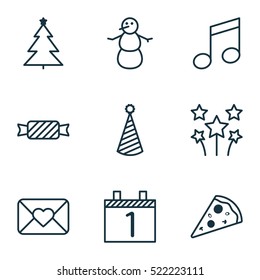 Set Of 9 Celebration Icons. Can Be Used For Web, Mobile, UI And Infographic Design. Includes Elements Such As Musical, Calendar, Sweet And More.
