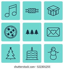 Set Of 9 Celebration Icons. Can Be Used For Web, Mobile, UI And Infographic Design. Includes Elements Such As Box, Envelope, Meal And More.