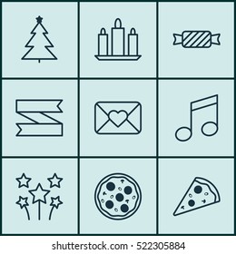 Set Of 9 Celebration Icons. Can Be Used For Web, Mobile, UI And Infographic Design. Includes Elements Such As Close, Firework, Wax And More.