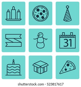 Set Of 9 Celebration Icons. Can Be Used For Web, Mobile, UI And Infographic Design. Includes Elements Such As Cardboard, Birthday, Open And More.