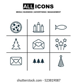 Set Of 9 Celebration Icons. Can Be Used For Web, Mobile, UI And Infographic Design. Includes Elements Such As Greeting, Wax, Aquatic And More.