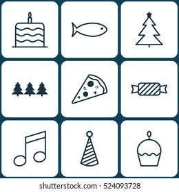 Set Of 9 Celebration Icons. Can Be Used For Web, Mobile, UI And Infographic Design. Includes Elements Such As Music, Note, Candy And More.