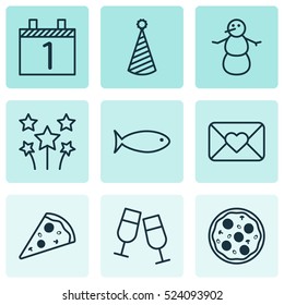 Set Of 9 Celebration Icons. Can Be Used For Web, Mobile, UI And Infographic Design. Includes Elements Such As Aquatic, Celebration, Agenda And More.