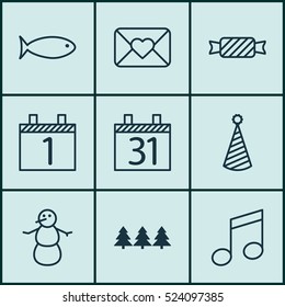 Set Of 9 Celebration Icons. Can Be Used For Web, Mobile, UI And Infographic Design. Includes Elements Such As Sweet, Month, Close And More.