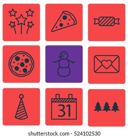 Set Of 9 Celebration Icons. Can Be Used For Web, Mobile, UI And Infographic Design. Includes Elements Such As Christmas, Calendar, Snowman And More.