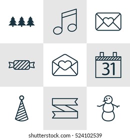 Set Of 9 Celebration Icons. Can Be Used For Web, Mobile, UI And Infographic Design. Includes Elements Such As Calendar, Xmas, Banner And More.