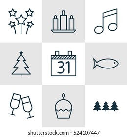 Set Of 9 Celebration Icons. Can Be Used For Web, Mobile, UI And Infographic Design. Includes Elements Such As Fish, Clink, Cupcake And More.