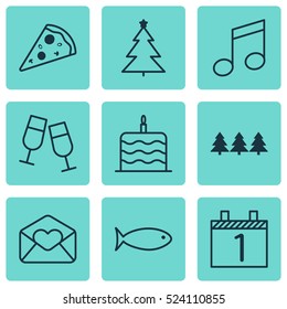 Set Of 9 Celebration Icons. Can Be Used For Web, Mobile, UI And Infographic Design. Includes Elements Such As Glasses, Aquatic, Tree And More.