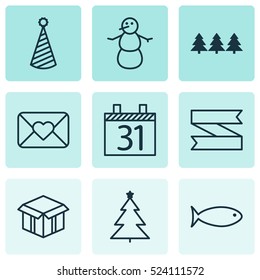 Set Of 9 Celebration Icons. Can Be Used For Web, Mobile, UI And Infographic Design. Includes Elements Such As Date, Xmas, Open And More.