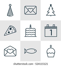 Set Of 9 Celebration Icons. Can Be Used For Web, Mobile, UI And Infographic Design. Includes Elements Such As Close, Party, Fish And More.