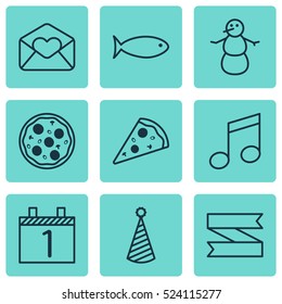 Set Of 9 Celebration Icons. Can Be Used For Web, Mobile, UI And Infographic Design. Includes Elements Such As Piece, Party, Email And More.