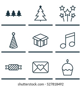 Set Of 9 Celebration Icons. Can Be Used For Web, Mobile, UI And Infographic Design. Includes Elements Such As Decorated Tree, Birthday Hat, Holiday Ornament And More.
