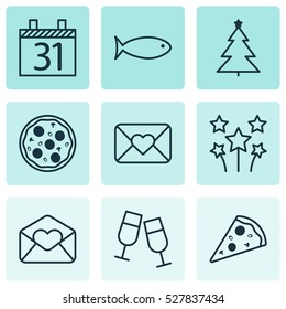 Set Of 9 Celebration Icons. Can Be Used For Web, Mobile, UI And Infographic Design. Includes Elements Such As Date, Greeting Email, Festive Fireworks And More.