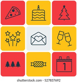 Set Of 9 Celebration Icons. Can Be Used For Web, Mobile, UI And Infographic Design. Includes Elements Such As Greeting Email, Celebration Cake, Festive Fireworks And More.