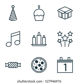 Set Of 9 Celebration Icons. Can Be Used For Web, Mobile, UI And Infographic Design. Includes Elements Such As Festive Fireworks, Pizza Meal, Crotchets And More.