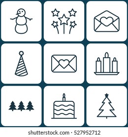Set Of 9 Celebration Icons. Can Be Used For Web, Mobile, UI And Infographic Design. Includes Elements Such As Decorated Tree, Festive Fireworks, Greeting Email And More.