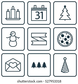 Set Of 9 Celebration Icons. Can Be Used For Web, Mobile, UI And Infographic Design. Includes Elements Such As Winter, Pizza Meal, Holiday Ornament And More.