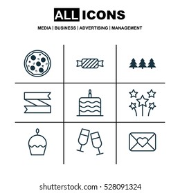 Set Of 9 Celebration Icons. Can Be Used For Web, Mobile, UI And Infographic Design. Includes Elements Such As Blank Ribbon, Birthday Cake, Pizza Meal And More.
