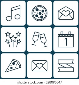 Set Of 9 Celebration Icons. Can Be Used For Web, Mobile, UI And Infographic Design. Includes Elements Such As Agenda, Blank Ribbon, Champagne Glasses And More.